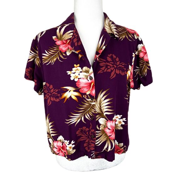Two Palms Hawaiian Shirt Women Extra Large Purple Tropical Sonic Orchid Cropped - Picture 1 of 12